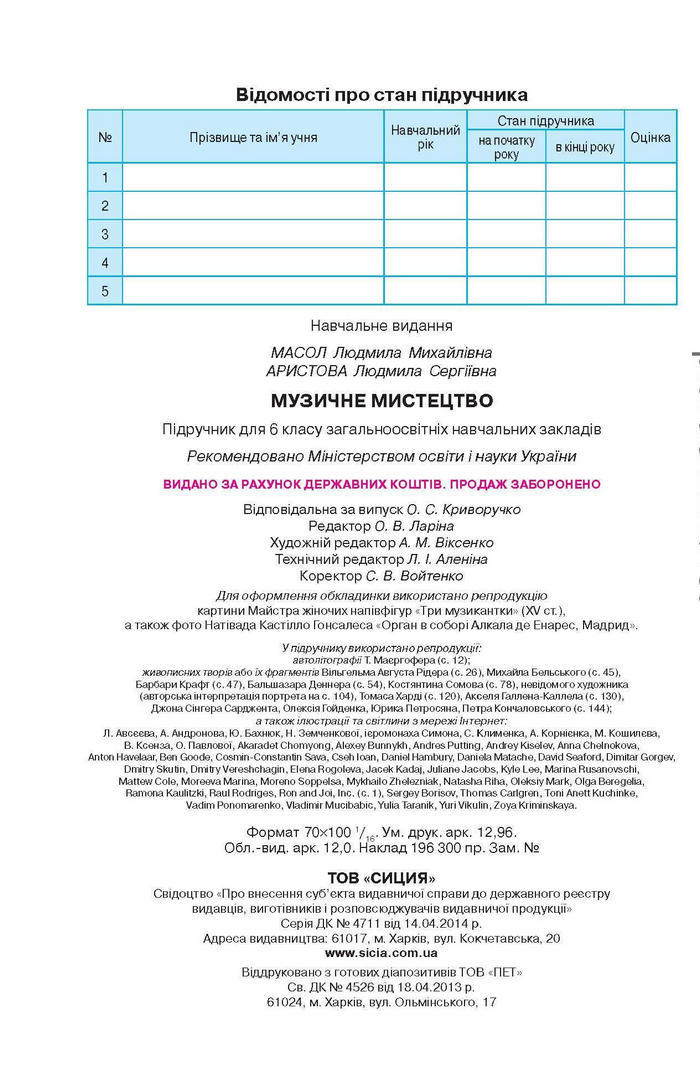 Підручник Музичне мистецтво 6 клас Масол