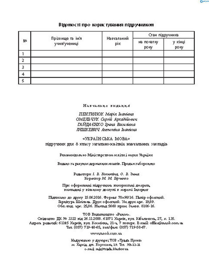 Підручник Українська мова 8 клас Пентилюк 2016