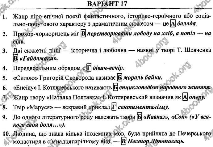 Відповіді ДПА Українська література 9 клас 2017. ПіП