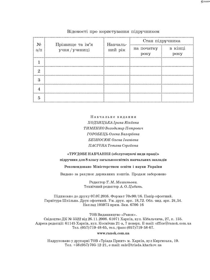 Трудове навчання 8 клас Ходзицька 2016