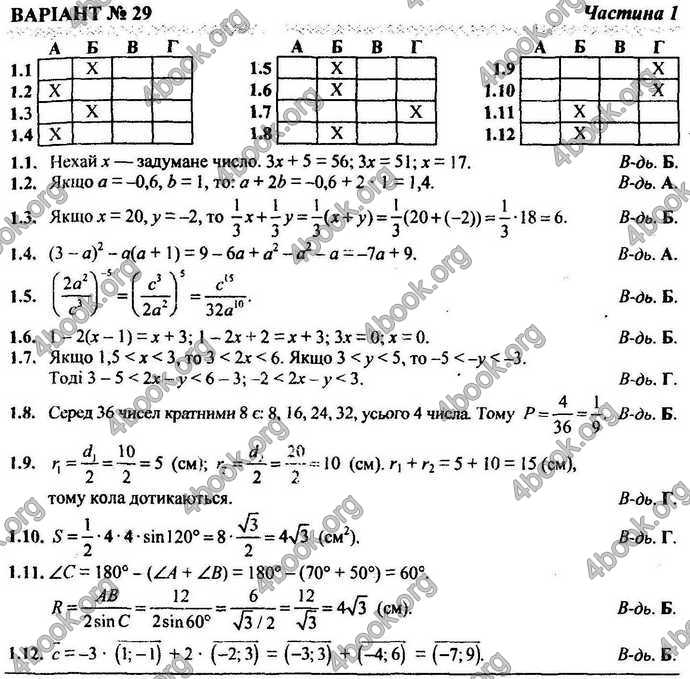 Відповіді Контрольні ДПА Математика 9 клас Березняк 2018